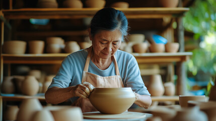 Woman working clay pottery
