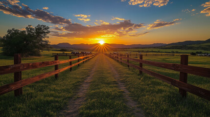 Obraz premium Sunset on Ranch with Grazing Cattle