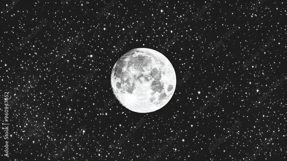 Poster mesmerizing midnight sky wallpaper pattern with twinkling stars and full moon on a sleek and minimal