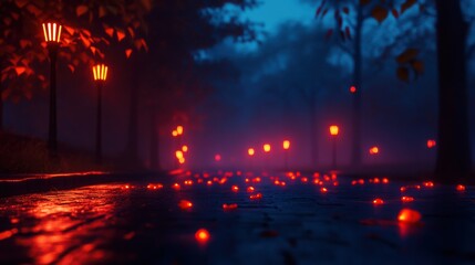 A serene night scene featuring glowing lanterns and a misty path, evoking tranquility and mystery in nature.