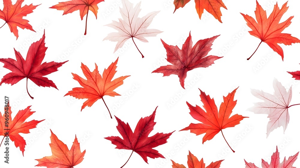 Poster vibrant red maple leaves in various stages of autumn color change forming a repeating wallpaper patt