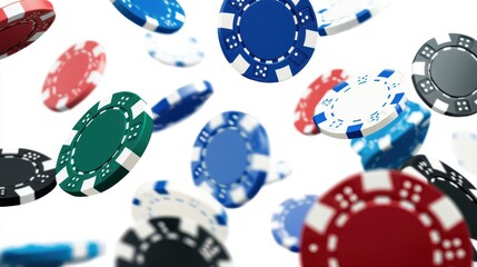 Casino Chips Falling on White Background