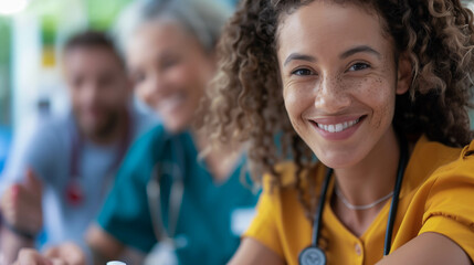 Fototapeta premium Smiling Nurse with Curly Hair at Healthcare Facility