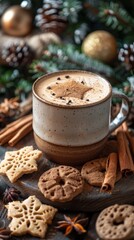 festive mugs of hot chocolate topped with whipped cream, surrounded by cinnamon sticks, candy canes, and decorated gingerbread cookies. A cozy holiday scene with a cup of spiced latte