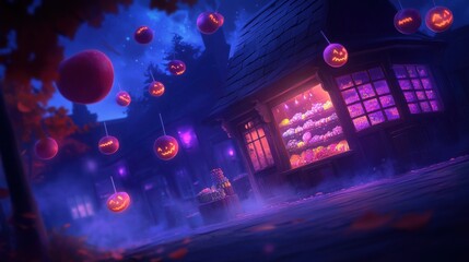 Obraz premium A spooky Halloween night with glowing pumpkins and a haunted house, perfect for festive celebrations and autumn themes.