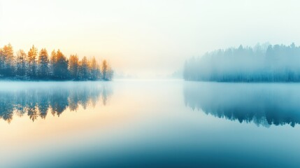 Fototapeta premium Misty Morning Reflections on a Tranquil Lake