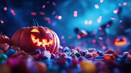 A spooky Halloween scene featuring a carved pumpkin glowing amidst colorful candies and an eerie blue backdrop.