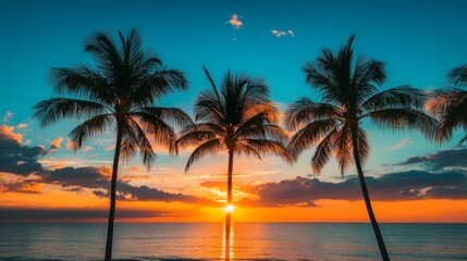Evening on the beach with palm trees. An evening on the beach with palm trees. Colorful picture for rest. Blue palm trees at sunset. Orange sunset in the blue sky. Palmeny island. Summer sunset agains