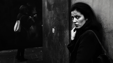 Young woman feeling unsafe walking in the dark street at night