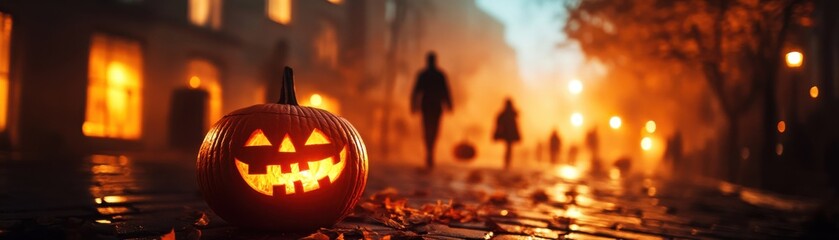 A spooky Halloween scene featuring a glowing pumpkin on a foggy street with silhouettes of people...