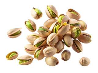 Falling pistachio nuts isolated on a white background.