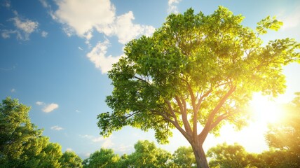 Fototapeta premium A tree is in the foreground of a field with a bright blue sky