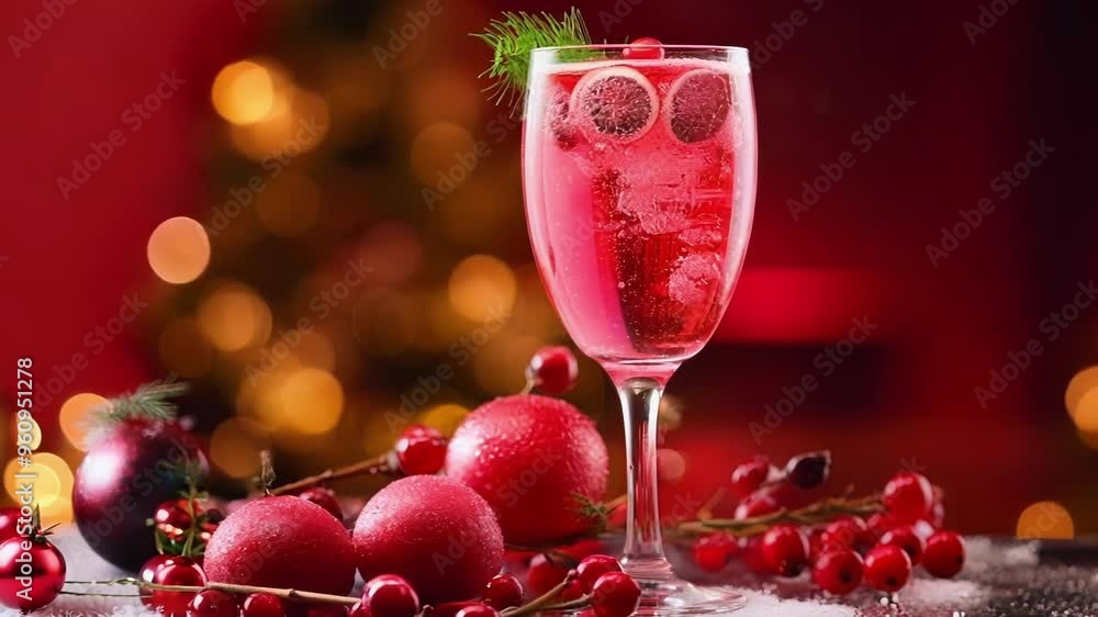 Poster festive red cocktail is standing on a table with red ornaments and a sprig of red berries in front o