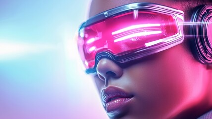 A woman wearing pink glasses with a futuristic look