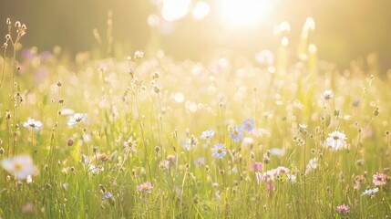 Summer Meadow Wildflowers Sunset Bokeh Background