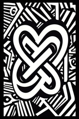 Abstract black and white graphic design with a stylized heart shape in the center.
