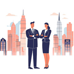 Successful businessman standing with arms crossed and city in the background.
