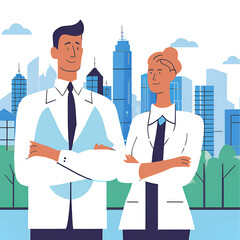Successful businessman standing with arms crossed and city in the background.