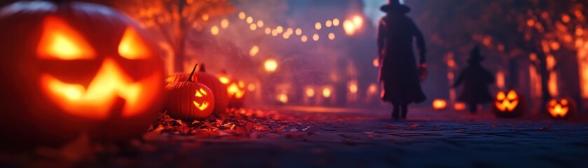 A spooky Halloween scene with glowing jack-o'-lanterns and a mysterious figure walking down a festive street.