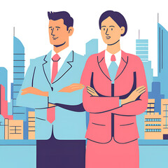 Successful businessman standing with arms crossed and city in the background.