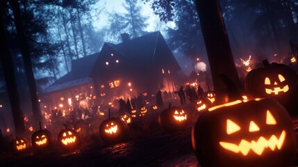 A spooky Halloween scene with glowing jack-o'-lanterns in a foggy forest setting, creating an eerie atmosphere.