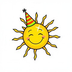 A smiling sun wearing a party hat