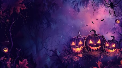 Autumnal purple-toned image featuring a haunted forest with pumpkins and bats,