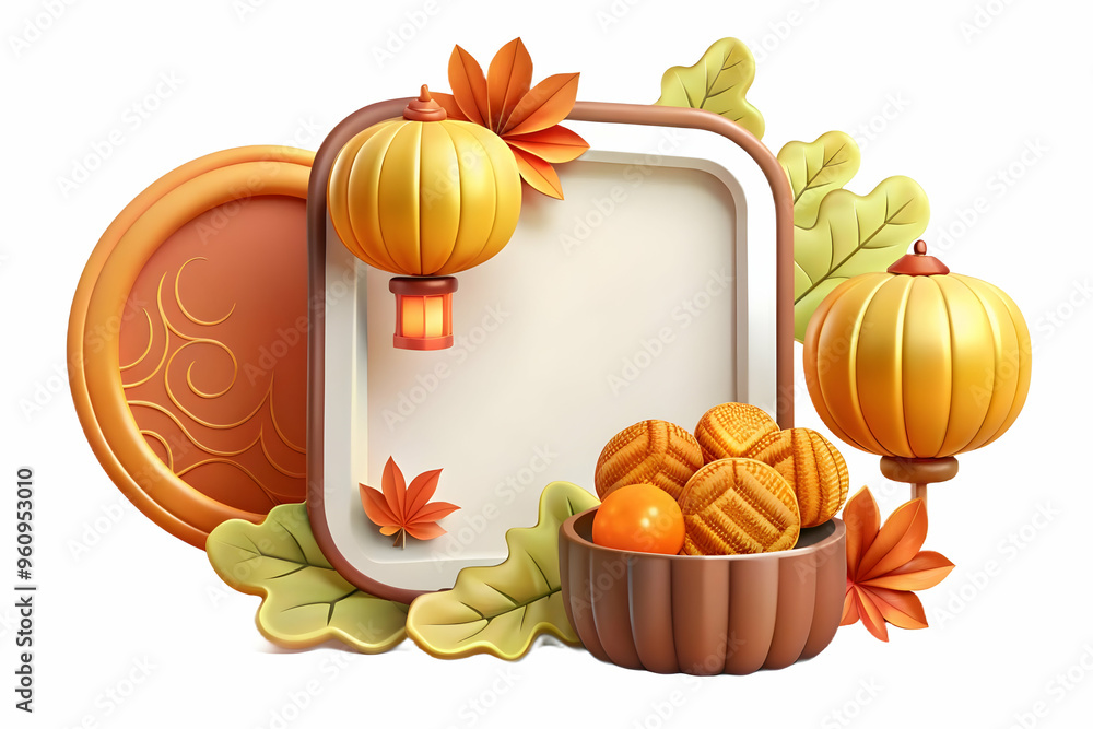 Aufkleber mooncake and lantern border frame with copy space for mid autumn blessings - border frame featuring 