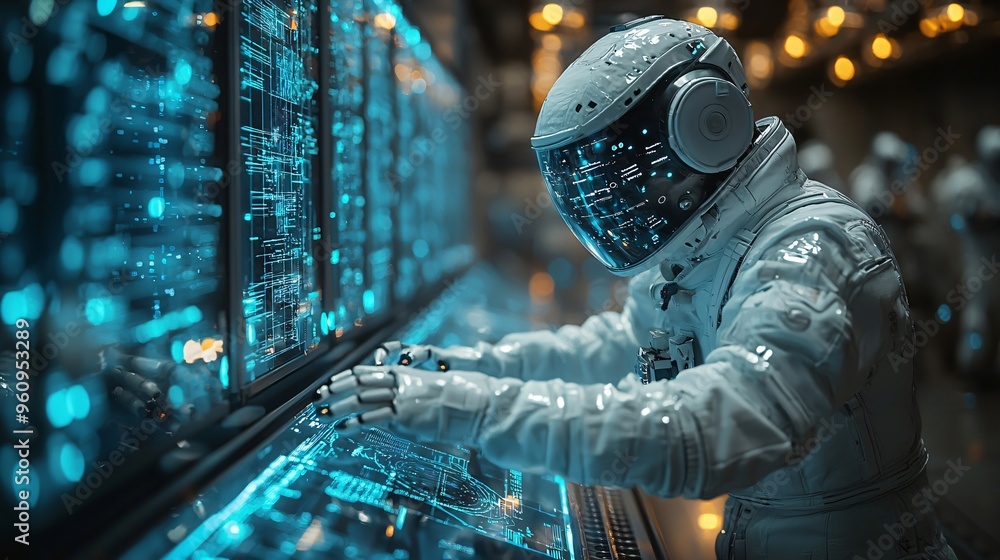 Poster futuristic astronaut using digital interface in space station