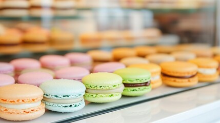 Fototapeta premium Colorful macarons displayed in a pastry shop, showcasing a variety of flavors and delicate textures, perfect for dessert lovers.