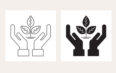 Black silhouette and thin line conceptual two open hands holding leaves sign icons set on white background 