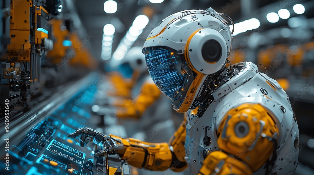 Poster futuristic robot worker operating machinery in factory