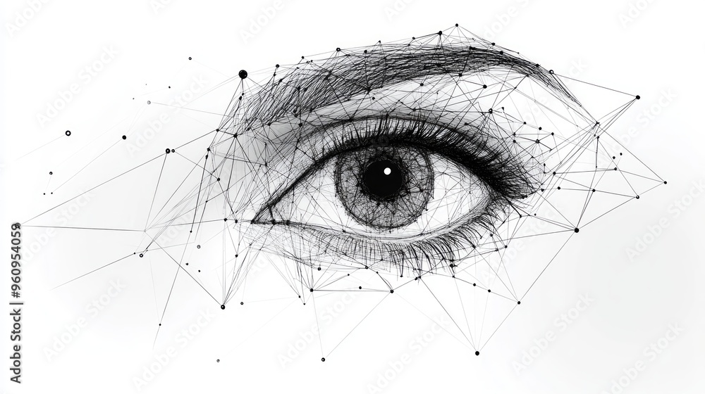 Wall mural eye low poly wireframe isolated black on white background. abstract mash line and point origami. vec