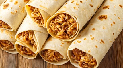 Top-Down View of a Pile of Shawarma Wrapped in Flatbread, Featuring a Variety of Sizes and Shapes with Some Slightly Toasted. The Flatbread is Slightly Crispy with a Visible Pattern, 