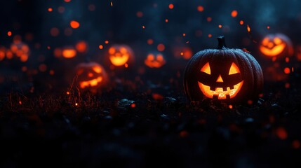 A spooky night scene featuring glowing jack-o'-lanterns amidst a dark, misty background with floating sparks.