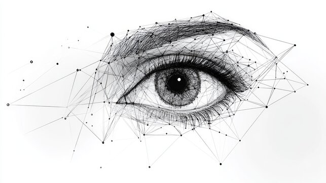 Eye low poly wireframe isolated black on white background. Abstract mash line and point origami. Vector polygon illustration. Technoligy eyes with geometry triangle. Light connection digital structure