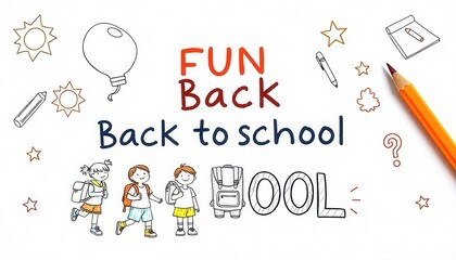 Fun Back to School message with bright pencil illustrations of school kids, backpacks, and learning tools on white paper. Captures the excitement and new beginnings of the school year.