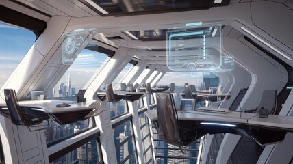 Futuristic Office Interior with City View and Tech Screens