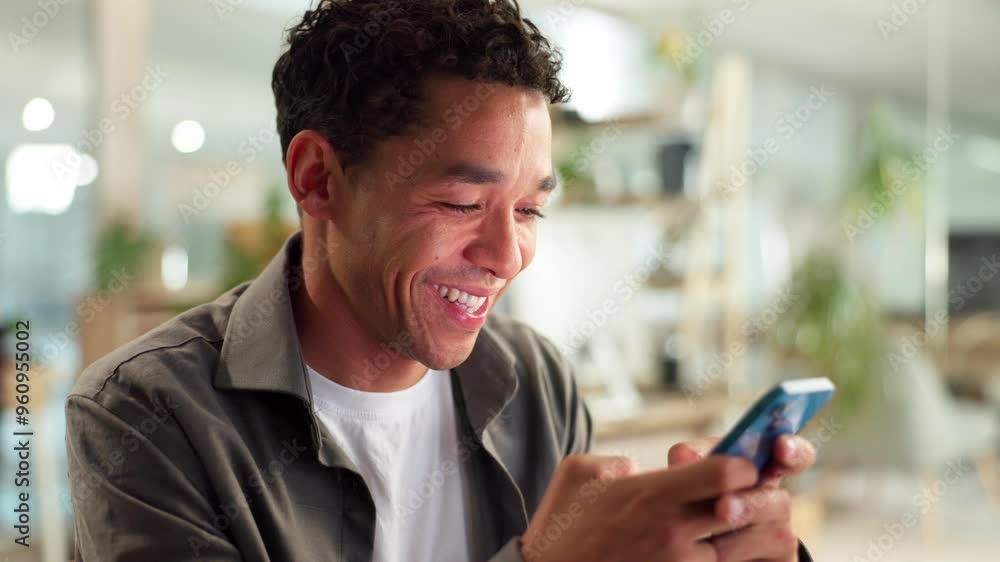 Aufkleber face, phone and smile with business man in creative workplace for communication or design. app, netw