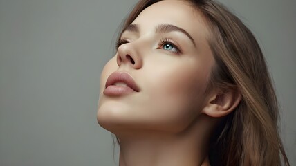 "A beautiful woman with natural, glowing skin, looking upwards, suitable for use in images related to beauty or skincare."