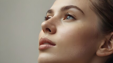 "A beautiful woman with natural, glowing skin, looking upwards, suitable for use in images related to beauty or skincare."