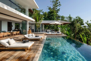 Fototapeta premium Minimalist Outdoor Pool Deck with Seating Area, Loungers, and Tropical Garden Backdrop