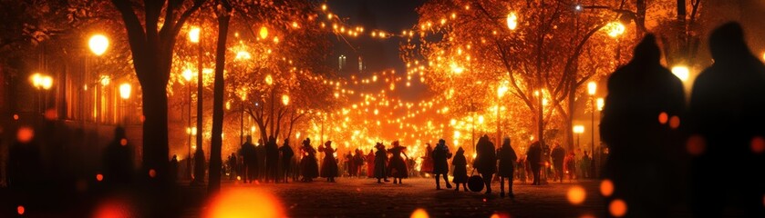 Fototapeta premium A vibrant nighttime scene featuring glowing lights and silhouettes of people enjoying a festive atmosphere.