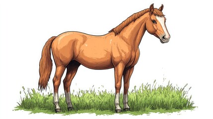Obraz premium A chestnut horse with a white blaze stands in a field of grass.