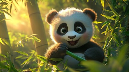 Obraz premium Adorable panda munching bamboo leaves in a cartoon forest scene panda eating bamboo
