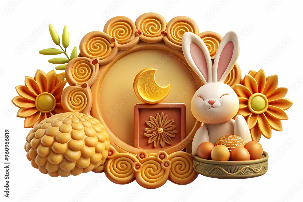 Poster whimsical rabbit and mooncake border frame for mid autumn greetings with copy space - festive design