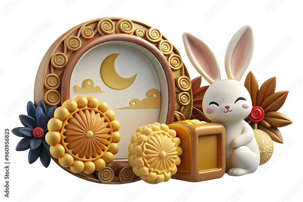 Aufkleber whimsical rabbit and mooncake border frame design with copy space for mid autumn greetings