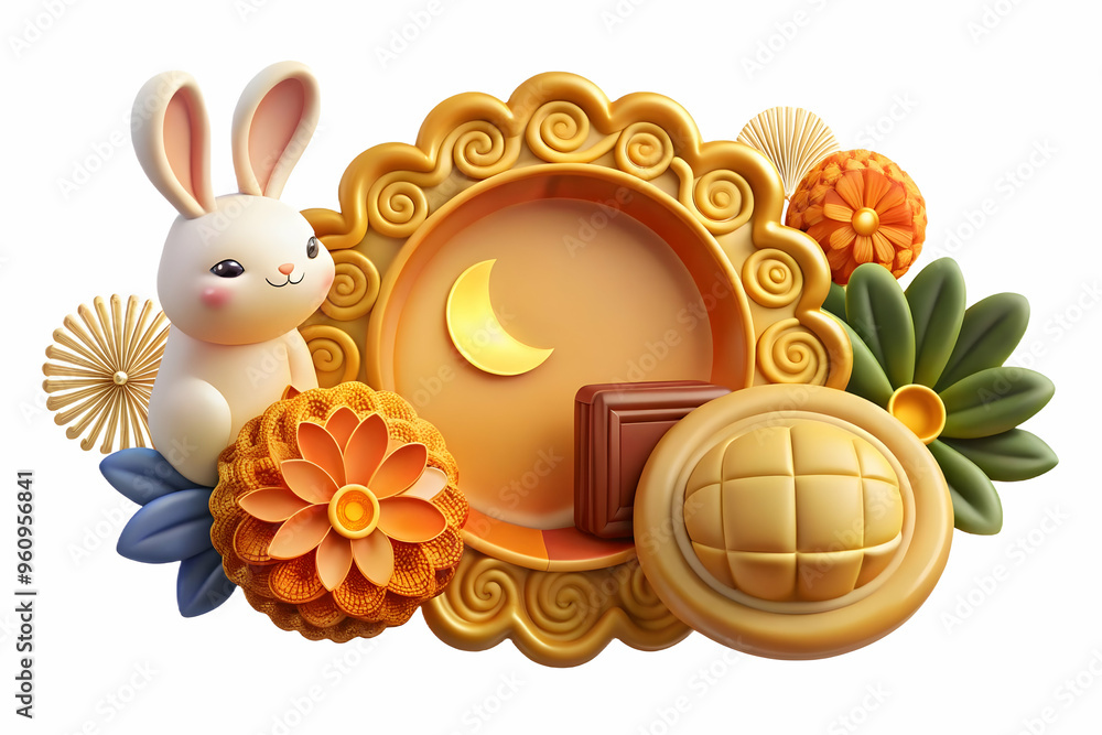Poster whimsical rabbit and mooncake border frame with copy space for mid-autumn greetings - festive concep