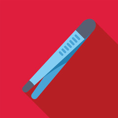 Blue metal tweezers lying diagonally on red background, tool for use in cosmetology or medicine