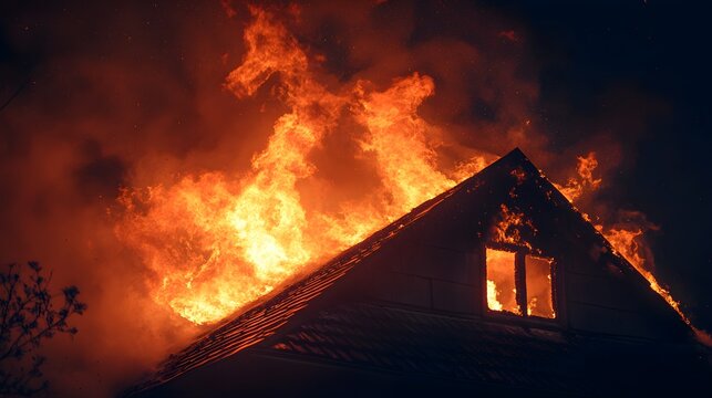 Nighttime house fire during a blackout, flames tearing through the roof, windows shattered from the heat, eerie glow against a dark sky